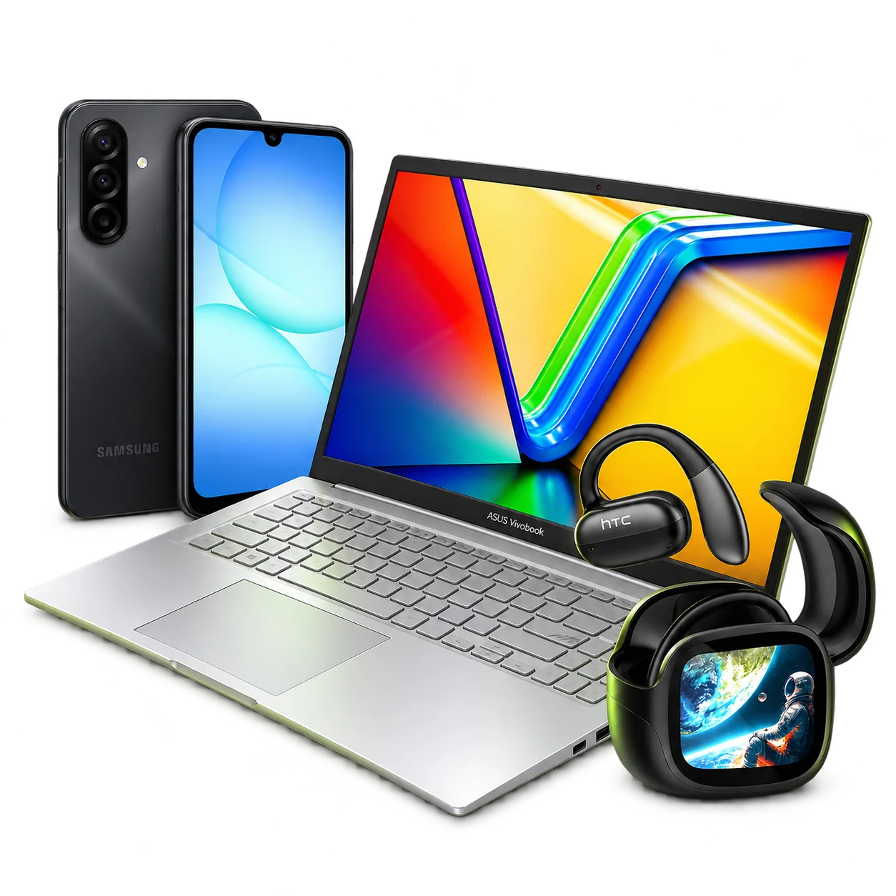 Composição de um Samsung Galaxy A17 preto, notebook Asus Vivobook prateado e fones HTC com estojo